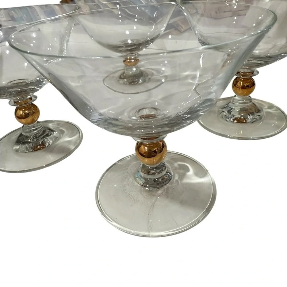 Vintage Lot of 4 MCM Glass Champagne Coupes with Gold Ball on Stem 5 inches wide